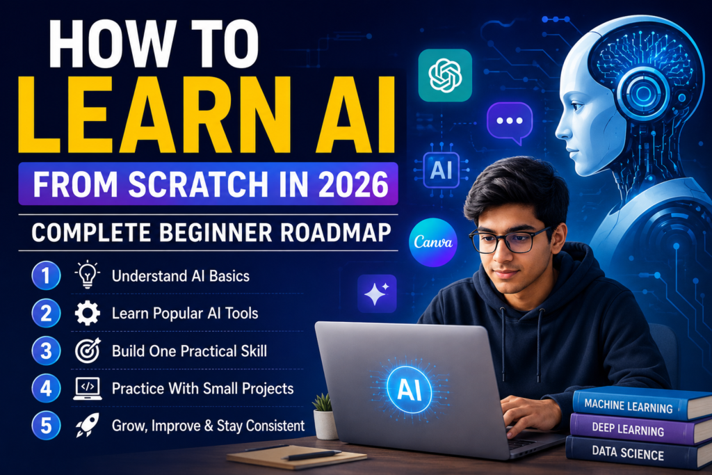 Student learning AI from scratch in 2026 using AI tools and a beginner roadmap.
